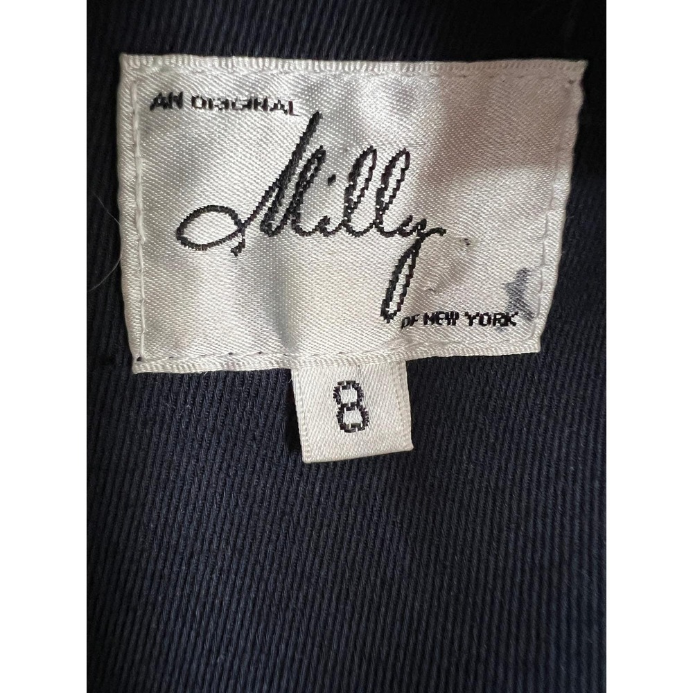 Vtg Navy Ruffle Sheath Dress Milly of New York Minimalist Belted Sleeveless Sz 8 - Picture 4 of 12
